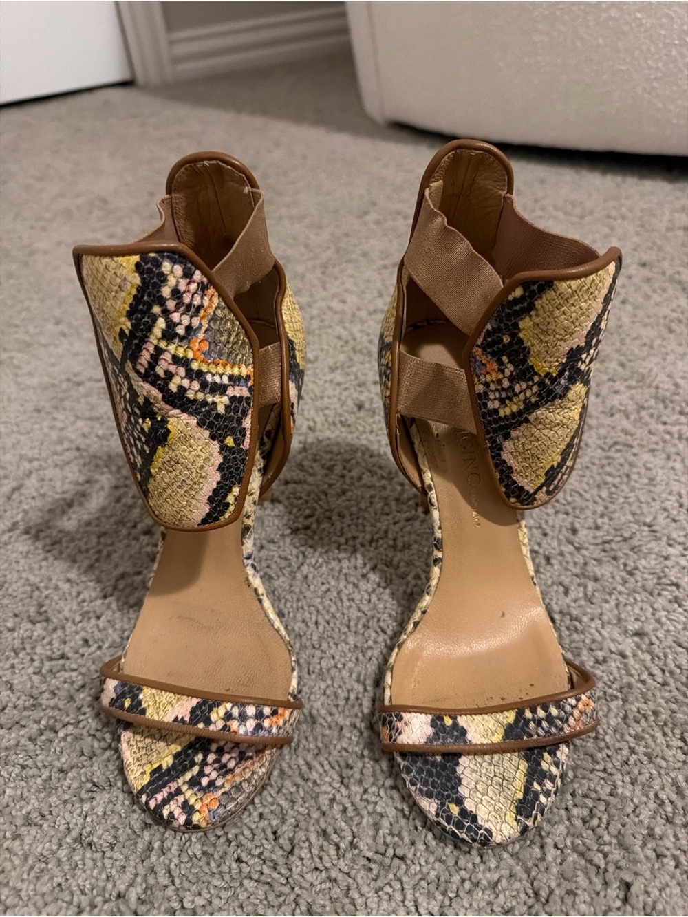 Via Spiga Yellow and Brown Snake-Print Open-Toe Heels